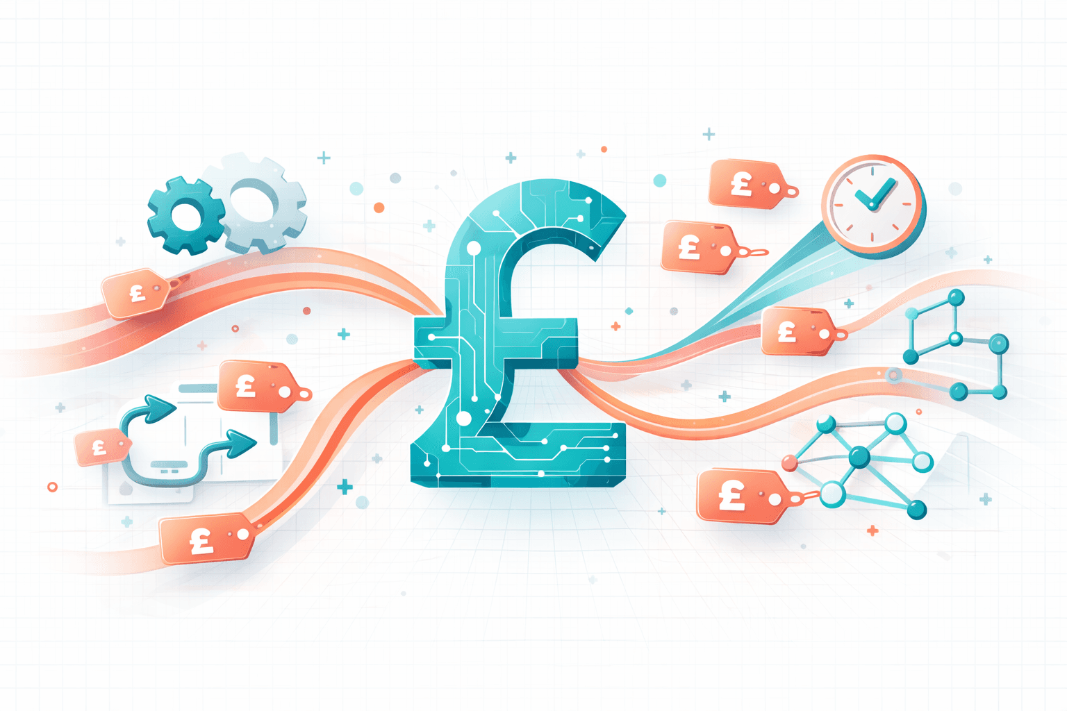 Abstract illustration of business automation pricing with pound sterling symbols and workflow elements