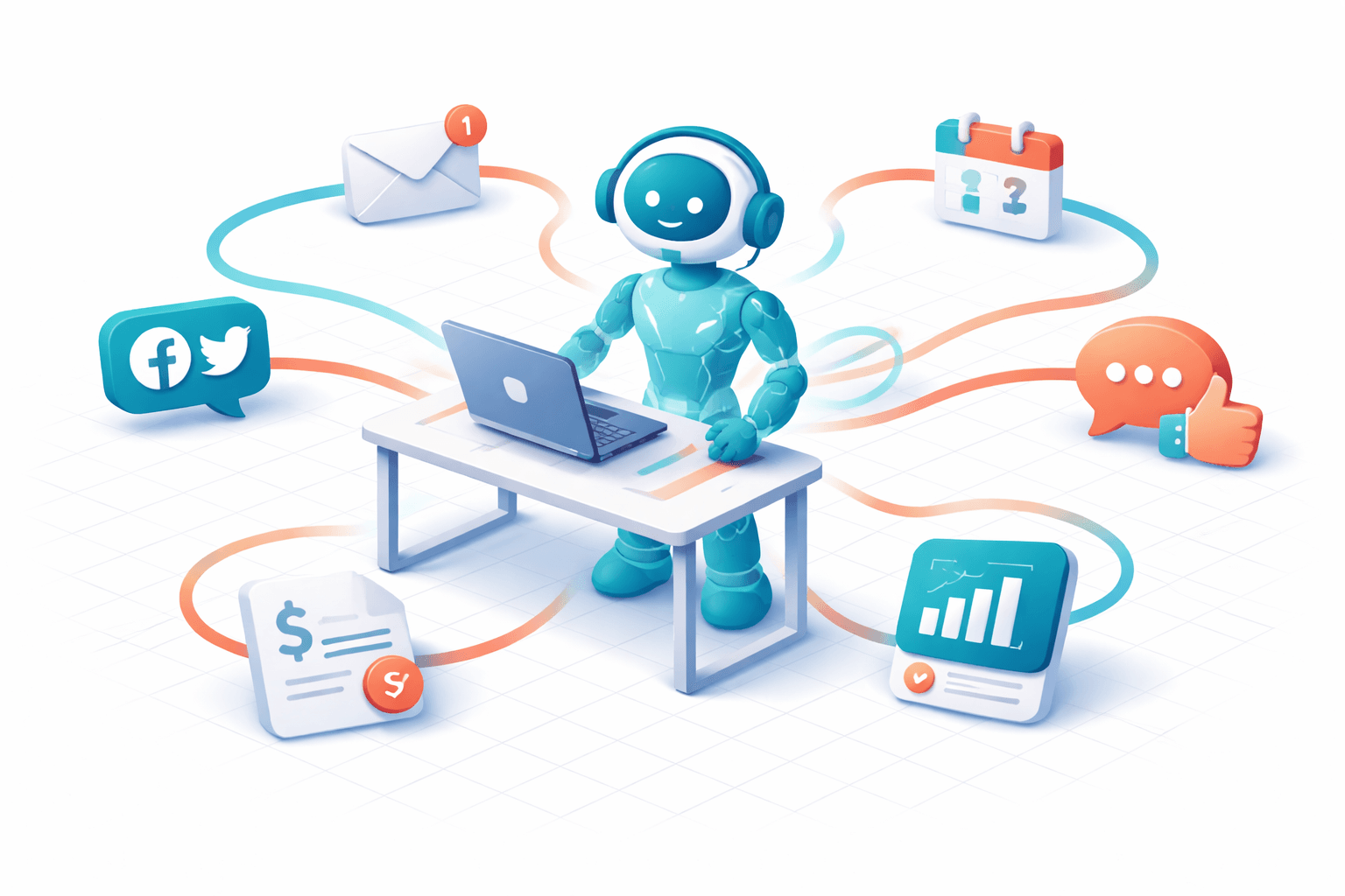 Abstract illustration of AI Worker concept with connected nodes and business workflow icons